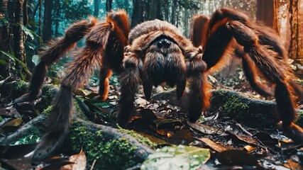 Giant Tarantula Spider Crawling Through Lush Jungle Floor.