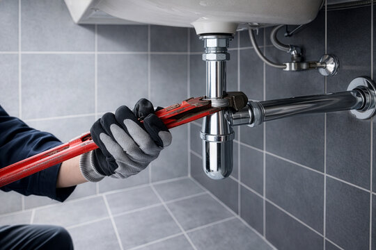 Plombier r&eacute;parant un siphon sous un lavabo &ndash; intervention de maintenance sanitaire