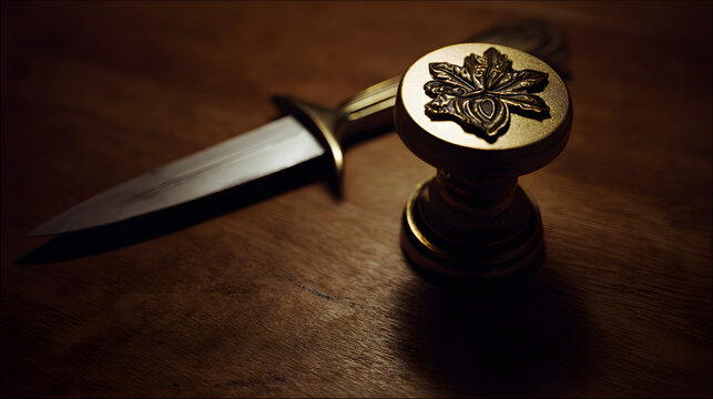 unsheathed. A broken family crest seal next to an unsheathed dagger on a wooden surface. event programs, museum guides, designed for cultural heritage projects and event programs, preserves heritage.