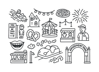 Naklejka premium Amusement Park Doodle. Amusement park. Hand-drawn doodle illustration Amusement park log flume, haunted house, light string, funnel cake, ride height sign,