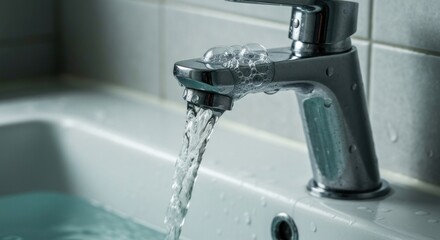 Close-up of a chrome faucet with water pouring into a white porcelain sink