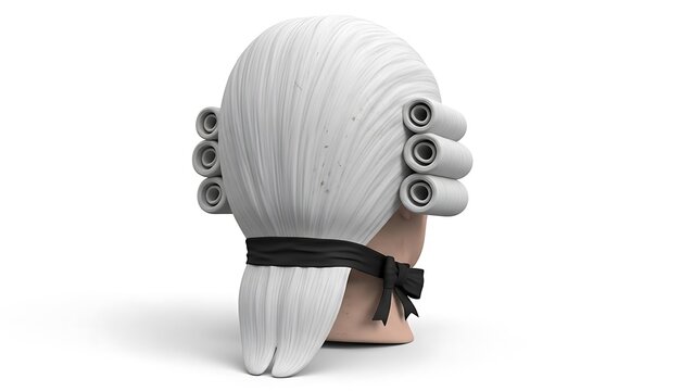 Rear view of a traditional white barrister's wig with curled sides and a black ribbon, often worn by judges and lawyers in legal settings.