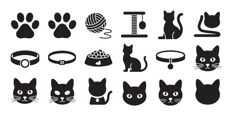 Collection of cat accessories and symbols including paws toys bowls collars and various feline silhouettes © Md