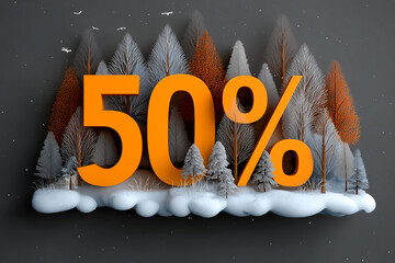Winter sale concept with large 50 percent discount sign, snowy forest scene and orange typography, seasonal promotion background, holiday shopping offer, modern 3d illustration