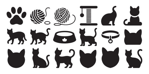 Assortment of cat icons showing diverse silhouettes toy accessories food bowls collars and profile face views © Md