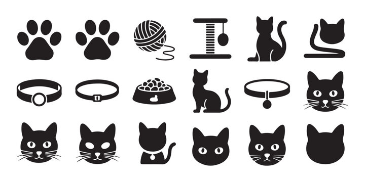 Collection of cat accessories and symbols including paws toys bowls collars and various feline silhouettes
