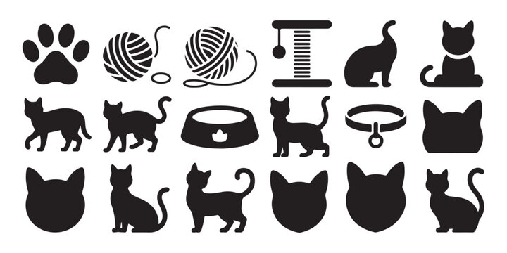 Assortment of cat icons showing diverse silhouettes toy accessories food bowls collars and profile face views