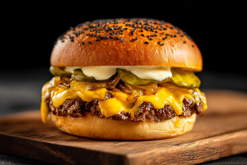 Juicy cheeseburger with beef patty, melted cheddar, pickles and sauce served on soft bun. Classic fast food concept, homemade style burger, rich taste, comfort meal