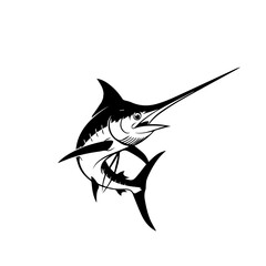 Fototapeta premium Black and white illustration of a powerful marlin or swordfish leaping from the water, showcasing its distinctive long bill and strong body.