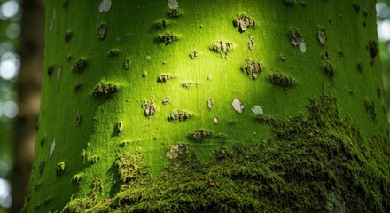 Close-up of a tree trunk, vibrant green with dappled sunlight. Mossy base