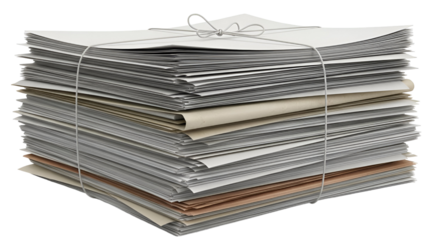 Tightly bound large stack of miscellaneous white and brown paper documents secured neatly with thin string on transparent background