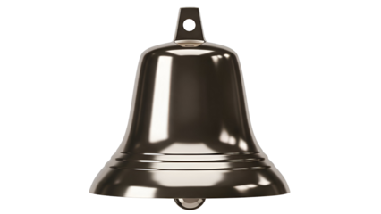 Highly polished metallic silver bell with a prominent clapper hanging down from the top loop isolated on transparent background