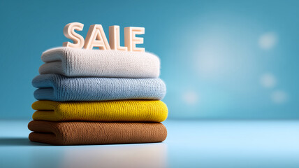 Folded sweaters stacked neatly with SALE lettering on top, seasonal clothing promotion concept, minimal studio background, fashion retail discount and shopping sale idea