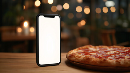 Smartphone with Blank Screen Beside Fresh Pizza on Wooden Table, Food Delivery App, Online Ordering, and Restaurant Marketing Concept