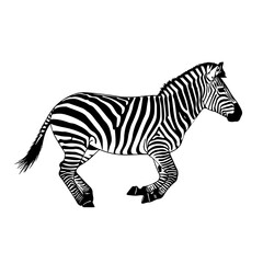 Obraz premium Black and white illustration of a zebra running or galloping in profile, showcasing its distinctive striped pattern.