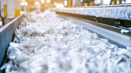 White shredded plastic flakes on an industrial conveyor belt, part of a recycling or manufacturing process in a factory.
