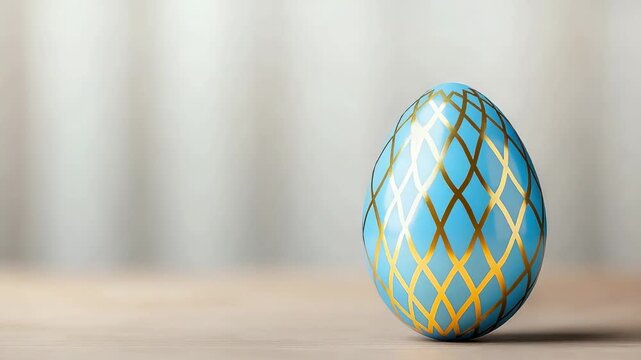 Bright blue egg with golden patterns placed on a wooden surface in a well-lit room during spring season