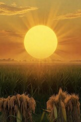 Makar Sankranti harvest field landscape with bright sun &mdash; ai