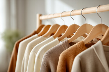 Fototapeta premium Cozy collection of hanging sweaters in neutral tones on wooden hangers, showcasing soft textures and inviting warmth in a well-lit indoor setting with natural light