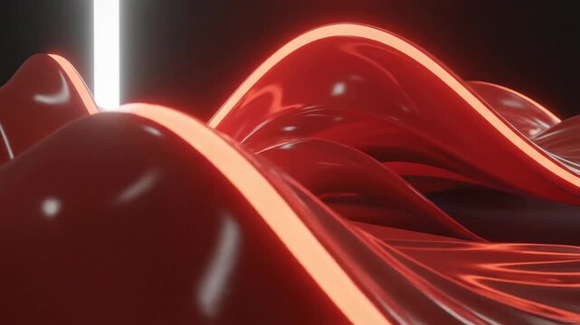 Abstract red fluid waves with shiny surface dark background 3 d render