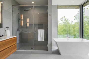 Modern bathroom with freestanding tub and large window