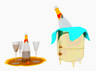 Flaschentablett, Sektflasche, Sektgl&auml;ser und Sektk&uuml;hler, Freisteller