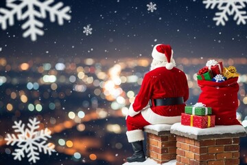 Santa Claus sitting on snowy rooftop with gifts at night