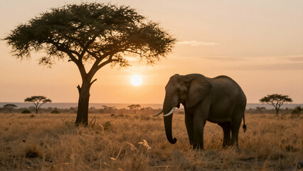 Elephant in Golden Savanna Sunset