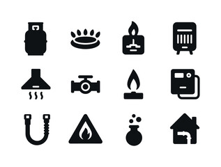 Household Gas Icons Set. Household gases. Solid icon set of Household gases: cooking gas cylinder, gas stove flame, leak detector, heater gas icon, ventilation