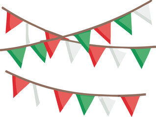 Obraz premium Colorful bunting flags in red white and green hang diagonally across a white