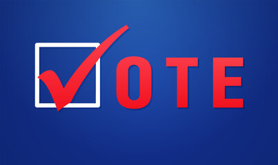 Blue banner with creative design of the word vote. Badge concept. Pin button template for voting company