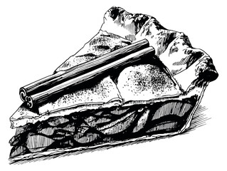 Obraz premium Hand drawn line art illustration of a slice of apple pie depicting cinnamon sticks for baking or dessert concepts