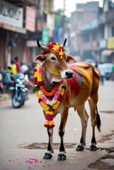 Decorated cow during Mattu Pongal festival on streets of India &mdash; ai