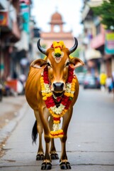 Decorated cow during Mattu Pongal festival on streets of India &mdash; ai
