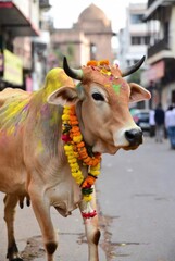 Decorated cow during Mattu Pongal festival on streets of India &mdash; ai