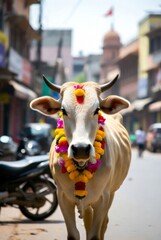 Decorated cow during Mattu Pongal festival on streets of India &mdash; ai