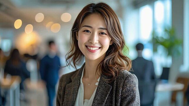 会話の最中に笑顔を見せる女性が良好な人間関係と活気ある職場を表す