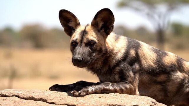 A magnificent African wild dog, also known as a painted wolf, rests calmly on a sun-drenched rock in its natural habitat. The close-up captures its striking, unique fur pattern of black, brown, and ta