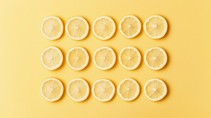 Fresh lemon slices arranged in a vibrant pattern on a yellow background, top view