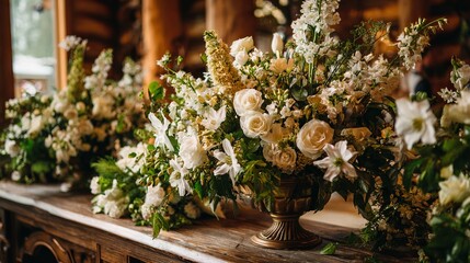 Elegant Rustic Wedding Floral Arrangements on Wooden Table