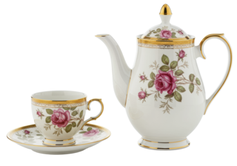 exquisite heirloom bone china coffee set, 24k gold trim, intricate dusty pink english rose pattern, high-key studio lighting, transparent background, concept of antique luxury and refinement