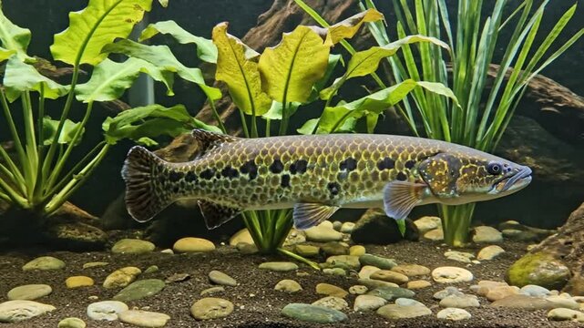 A beautifully patterned fish gracefully glides through clear freshwater, showcasing its striking dark spots and intricate yellow-brown scale patterns across its elongated body and flowing fins. This s