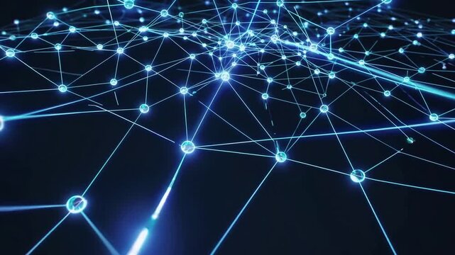 distributed node grid mapping connectivity with glowing blue points and linked mesh across dark plane, network architect perspective, scalable data infrastructure visualization and topology mapping