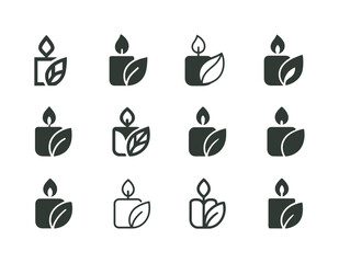 Self-Care Icon Variations. Self-Care Routine. Icon set. Set Logo of Self-Care Routine: candle and leaf. harmonious logo variations of the same emblematic