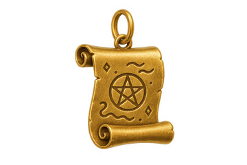 Gold scroll talisman pendant with pentagram symbol and magic designs