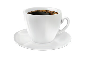 Obraz premium Realistic white ceramic cup of hot black coffee with foam on saucer isolated on transparent background, fresh morning espresso mug for energy 3D illustration