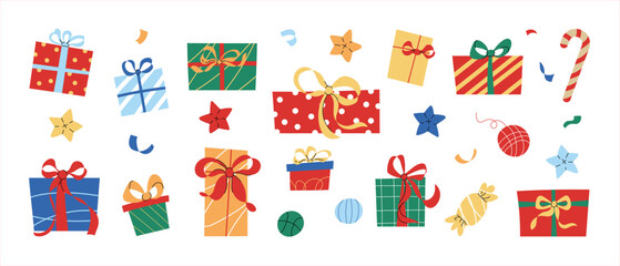 Presents package set. Boxes with decoration like ribbons and bows, wrapping.