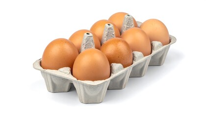 A carton of ten brown eggs on a white background.
