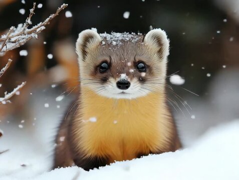 Snow-covered animal stands in winter landscape while snowflakes fall around it