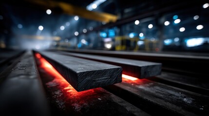 Hot steel bars on a conveyor in a dimly lit industrial factory, showcasing a vivid heat gradient. Ideal for manufacturing and industrial process concepts.